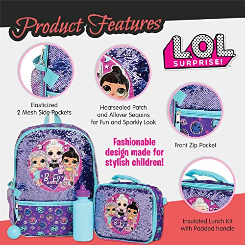 LOL Girl’s 4 Piece Backpack Set, Sequined School Bag with Front Zip Pocket, 2 Side Mesh Pockets, Insulated Lunch Box, Water Bottle, and Squish Ball Dangle, Purple and Teal