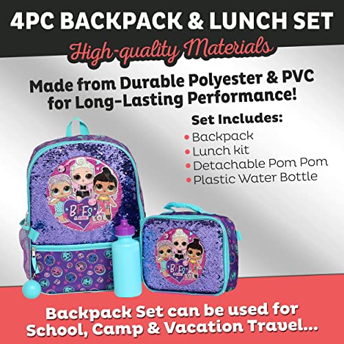 LOL Girl’s 4 Piece Backpack Set, Sequined School Bag with Front Zip Pocket, 2 Side Mesh Pockets, Insulated Lunch Box, Water Bottle, and Squish Ball Dangle, Purple and Teal