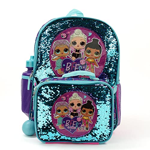 LOL Girl’s 4 Piece Backpack Set, Sequined School Bag with Front Zip Pocket, 2 Side Mesh Pockets, Insulated Lunch Box, Water Bottle, and Squish Ball Dangle, Purple and Teal