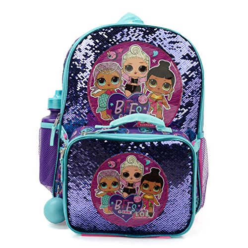 LOL Girl’s 4 Piece Backpack Set, Sequined School Bag with Front Zip Pocket, 2 Side Mesh Pockets, Insulated Lunch Box, Water Bottle, and Squish Ball Dangle, Purple and Teal