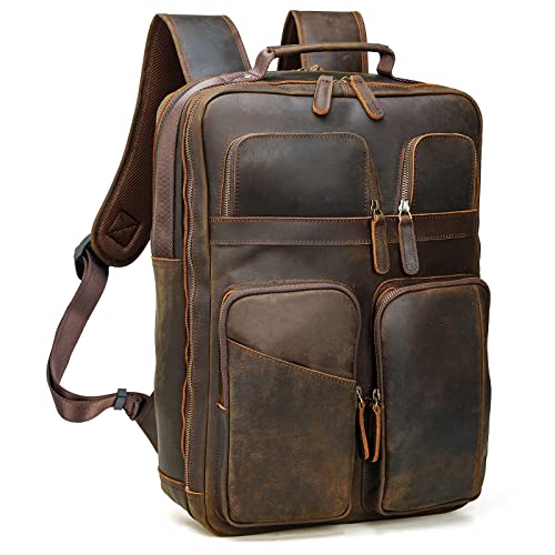 Polare 17.3 Inch Full Grain Leather Backpack for Men Multi Pockets Business Travel DayPack Rucksack