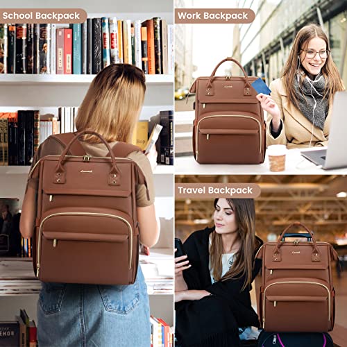 LOVEVOOK Laptop Backpack for Women Fashion 17 inch,Leather Womens Backpack Purse School College Teacher Nurse Backpack Book Bags,Business Work Travel Backpack Computer Laptop Bag with USB Port,Brown