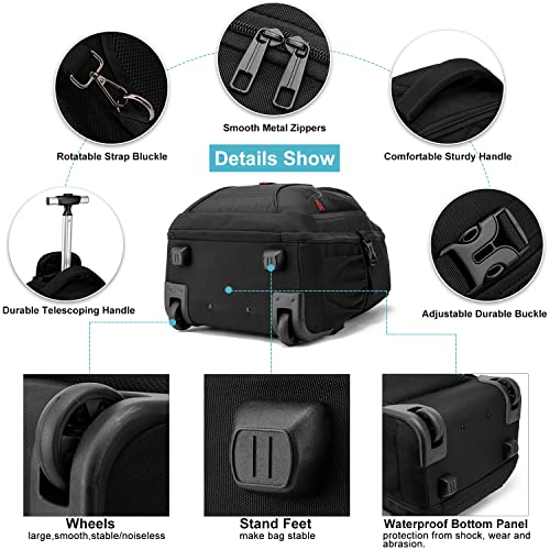 Rolling Backpack,Large Backpack with Wheels for Men Women Adults,17inch Waterproof Wheeled Travel Laptop Backpack,Carry on Luggage Bag Trolley Suitcase Business College School Computer Bookbag,Black