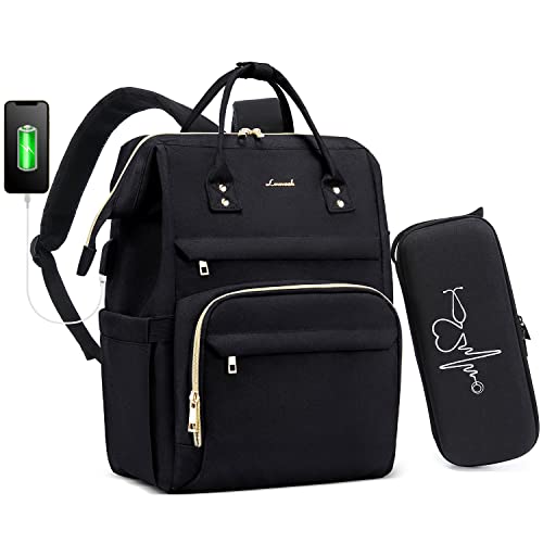 LOVEVOOK Nurse Backpack Laptop Backpack for Women with Stethoscope Case & USB Charging Port Anti Theft Travel Backpacks Bookbags Doctor Bag Fits 15.6 Inch Laptop and Notebook, Black