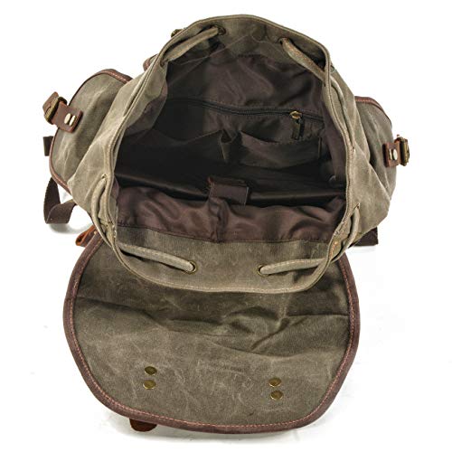 WUDON Men Travel Backpack, Genuine Leather-Waxed Canvas Shoulder Hiking Rucksack (Green)