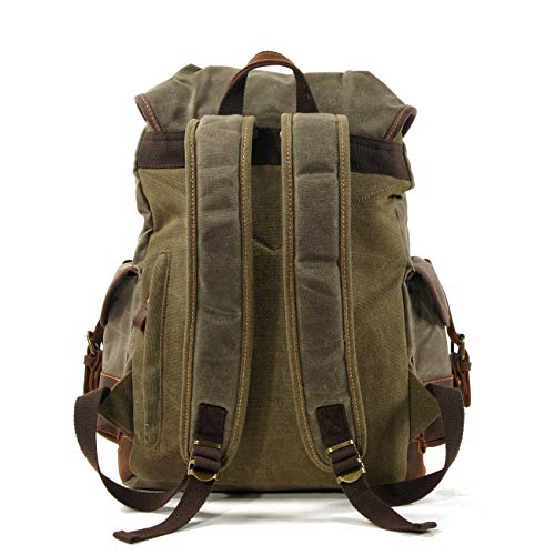 WUDON Men Travel Backpack, Genuine Leather-Waxed Canvas Shoulder Hiking Rucksack (Green)