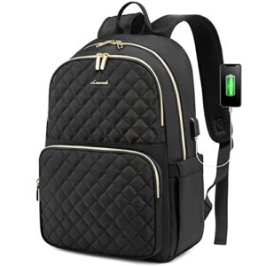 lovevook laptop backpack for women, quilted laptop bag travel backpack purse with anti-theft zipper, stylish 15.6 inch work computer bags college school bookbag with usb charging port, black