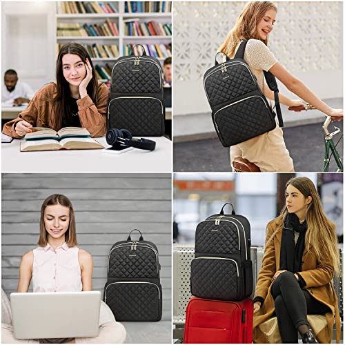LOVEVOOK Laptop Backpack for Women, Quilted Laptop Bag Travel Backpack Purse With Anti-Theft Zipper, Stylish 15.6 Inch Work Computer Bags College School Bookbag with USB Charging Port, Black
