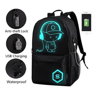 FLYMEI Bookbags for Teen Boys, Anime Cartoon Luminous Backpack with USB Charging Port, 17 Inch Laptop Backpack for Men, School Backpack for Girls/Boys, Cool Anime Backpack