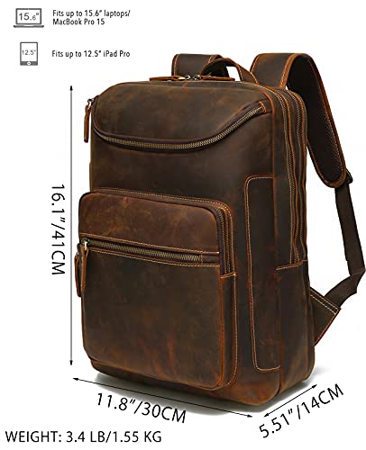 Lannsyne Vintage Genuine Leather 16" Laptop Backpack For Men Hiking Travel Bag Camping Rucksack