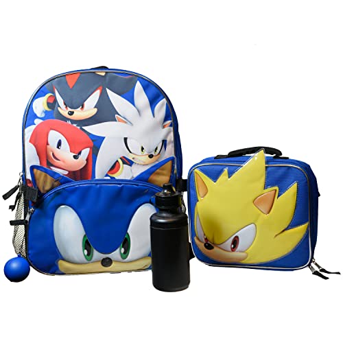 AI ACCESSORY INNOVATIONS Sega Sonic the Hedgehog 4 Piece Backpack Set, Kids School Travel Bag with Front Zip Pocket , Mesh Side Pockets, Insulated Lunch Box, Water Bottle, & Squish Ball Dangle.