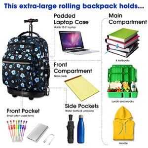 J World New York Sundance Rolling Backpack Girl Boy Roller Bookbag, Night Bloom, 20 X 13 X 9 (H X W X D)