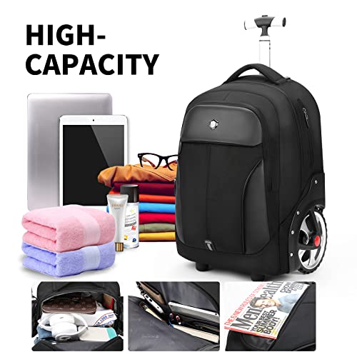 PINKSHE'S AOKING 18/20 Inch Large Wheeled Water Resistant Travel School Business Rolling Wheeled Backpack with Laptop (20inch, Black)
