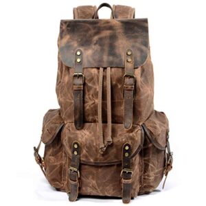 wudon leather backpack for men, waxed canvas shoulder rucksack for travel school (coffee-oversize, oversize)