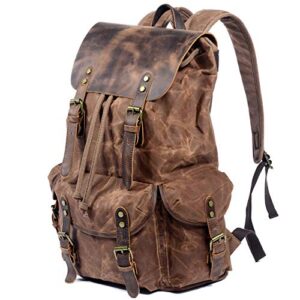 WUDON Leather Backpack for Men, Waxed Canvas Shoulder Rucksack for Travel School (Coffee-Oversize, Oversize)