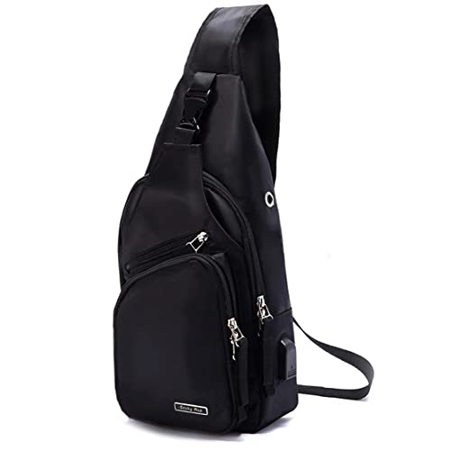 Men Sling Backpack Nylon Water Resistant Shoulder Chest Crossbody Sling Bag with USB Charging Port Black