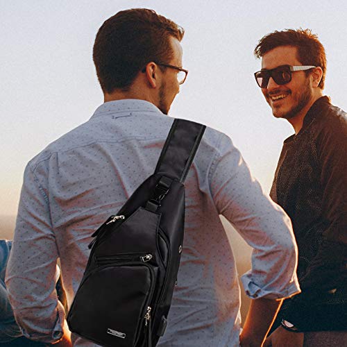 Men Sling Backpack Nylon Water Resistant Shoulder Chest Crossbody Sling Bag with USB Charging Port Black