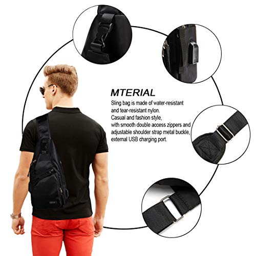 Men Sling Backpack Nylon Water Resistant Shoulder Chest Crossbody Sling Bag with USB Charging Port Black