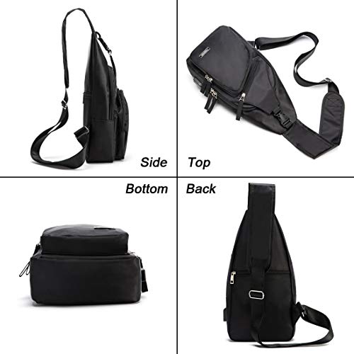 Men Sling Backpack Nylon Water Resistant Shoulder Chest Crossbody Sling Bag with USB Charging Port Black