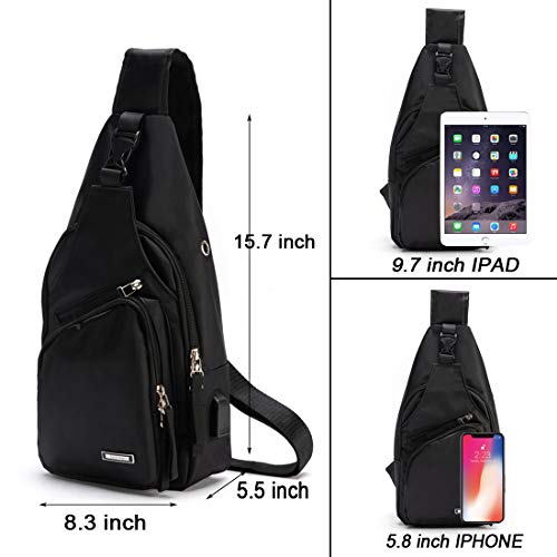 Men Sling Backpack Nylon Water Resistant Shoulder Chest Crossbody Sling Bag with USB Charging Port Black