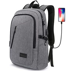 Mancro Laptop Backpack for Travel, 15.6 in Anti-Theft Business College School Bookbag for Men Women with USB Charging Port & Lock, Gifts for Teenage, Water Resistant Travel Computer Bag Daypack, Grey