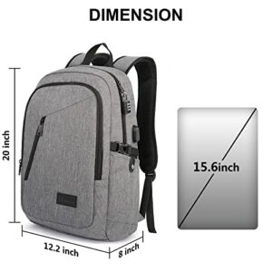 Mancro Laptop Backpack for Travel, 15.6 in Anti-Theft Business College School Bookbag for Men Women with USB Charging Port & Lock, Gifts for Teenage, Water Resistant Travel Computer Bag Daypack, Grey