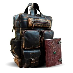 buffalo leather backpack multi pockets daypack travel laptop bag for men women