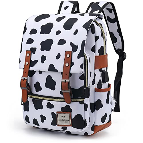 YGR Vintage Laptop Backpack, Slim College School Laptop Backpacks with USB Charging Port, Water Resistant Book Bag Gifts for Women/Girls/Travel/Office, Fits 15.6 Inch Notebook, Cow Pattern