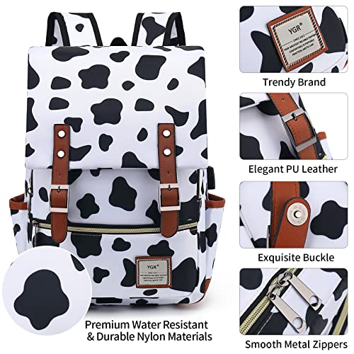 YGR Vintage Laptop Backpack, Slim College School Laptop Backpacks with USB Charging Port, Water Resistant Book Bag Gifts for Women/Girls/Travel/Office, Fits 15.6 Inch Notebook, Cow Pattern