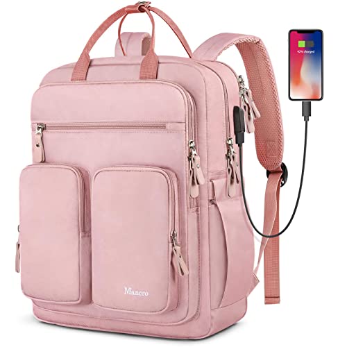 Mancro Travel Backpack for Women, 15.6 Inch Travel Laptop Backpack with USB Charging Port, Large School Backpacks for Girls, College Gifts Laptop Bookbag Teacher Backpacks, Pink