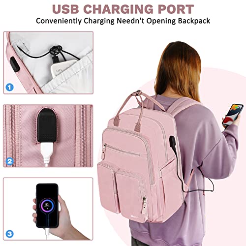 Mancro Travel Backpack for Women, 15.6 Inch Travel Laptop Backpack with USB Charging Port, Large School Backpacks for Girls, College Gifts Laptop Bookbag Teacher Backpacks, Pink