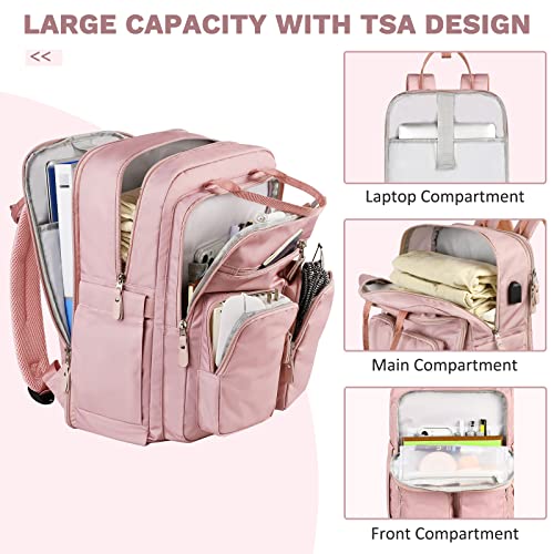 Mancro Travel Backpack for Women, 15.6 Inch Travel Laptop Backpack with USB Charging Port, Large School Backpacks for Girls, College Gifts Laptop Bookbag Teacher Backpacks, Pink