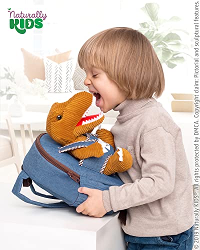 Naturally KIDS Small Dinosaur Backpack - Dinosaur Toys for Kids 3-5 - Toddler Backpack for Boy Girl w Stuffed Animal - Gifts for 3 Year Old Boy - w Pockets & Reflective Logo - Backpack w Brown T Rex