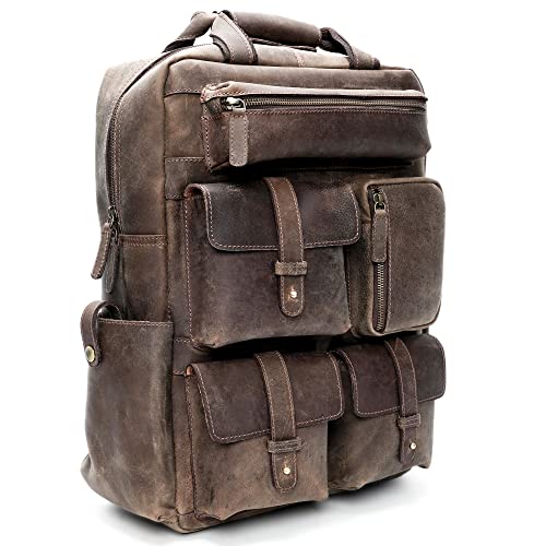 LUXEORIA Genuine Leather Travel Backpack for Women & Men, School Backpack for Boys & Girls, Handmade Retro Style Large Backpack, Laptop Backpack for Office | (17"X14"X6" - Retro - Hunter Brown)