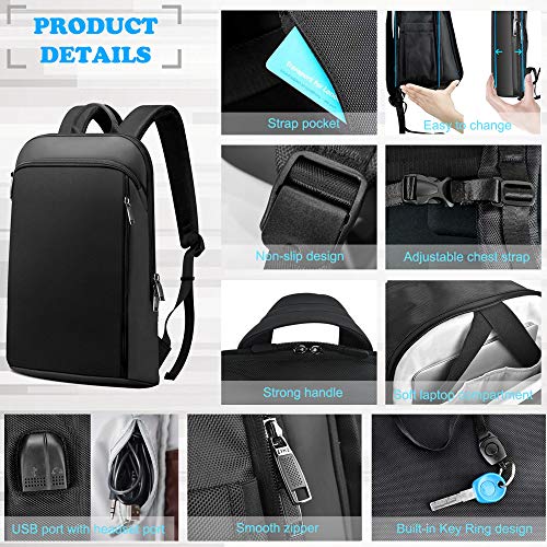 ZINZ Slim and Expandable 15 15.6 16 Inch Laptop Backpack Anti Theft Business Travel Notebook Bag with USB, Multipurpose Large Capacity Daypack College School Bookbag for Men & Women,Deep Black