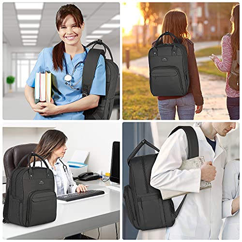 Nurse Backpack for Women, Water Resistant School Laptop Bookbag with Removable Organizer Nurse Student Gifts, Durable Medical Clinical College Computer Bag for Travel, Work, Home Visits, Black