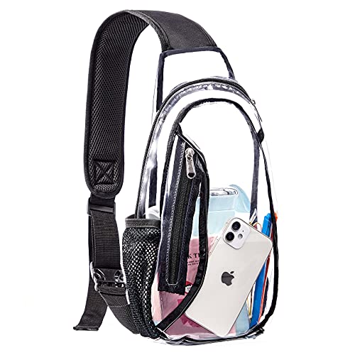 Clear Sling Bag, Stadium Approved Small PVC Crossbody Backpack, Transparent Casual Chest Daypack for Hiking, Stadium or Concerts, Black