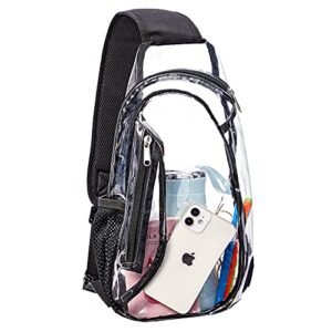 Clear Sling Bag, Stadium Approved Small PVC Crossbody Backpack, Transparent Casual Chest Daypack for Hiking, Stadium or Concerts, Black