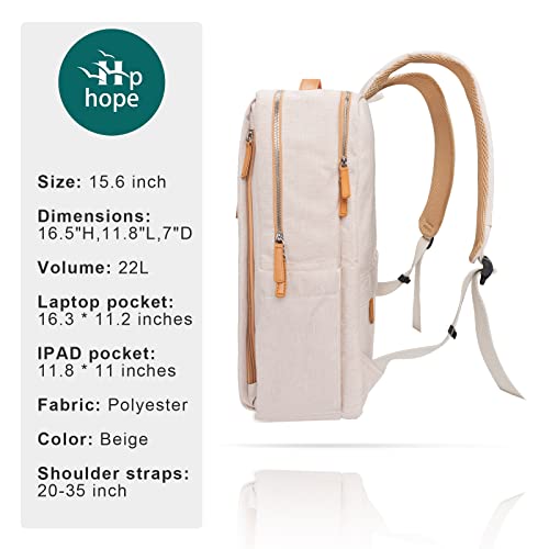 Hp hope Smart Backpack for Women Travel, Durable Carry On Backpack with USB Charging Port & Wet Pocket Fits 15.6 Inch Laptop, Beige