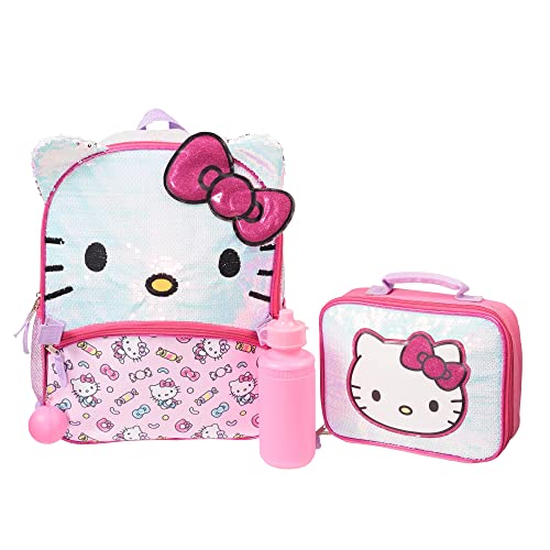Hello Kitty Girls & Toddler 4 Piece Backpack Set, Iridescent Flip Sequin School Bag with 3D Features, Front Zip & Side Mesh Side Pockets, Insulated Lunch Bag, Water Bottle, and Squish Ball Dangle