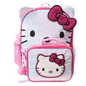 Hello Kitty Girls & Toddler 4 Piece Backpack Set, Iridescent Flip Sequin School Bag with 3D Features, Front Zip & Side Mesh Side Pockets, Insulated Lunch Bag, Water Bottle, and Squish Ball Dangle