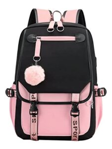 rcuyyl backpack laptop bag school bag bookbag with men women usb charging&headphone port casual daypack outdoor daypack (black pink,one size)