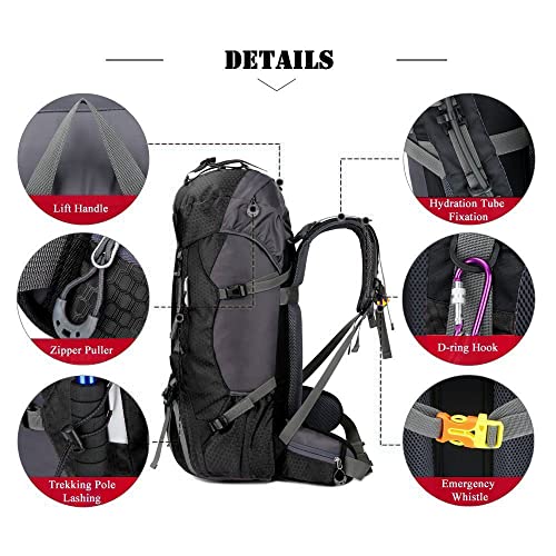 Bseash 60L Waterproof Lightweight Hiking Backpack with Rain Cover,Outdoor Sport Travel Daypack for Climbing Camping Touring (Black)