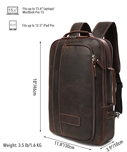 LANNSYNE Men's Full Grain Leather Expandable 15.6 Laptop Backpack Tote Shoulder Travel Bag Rucksack