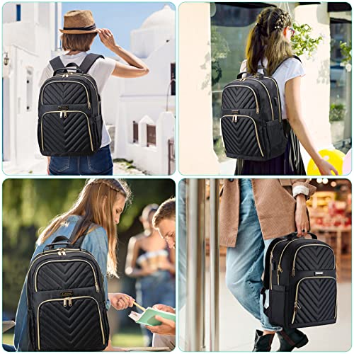 Kuosdaz Laptop Backpack for Women, 15.6 Inch Travel Computer Bag with USB Charging Port, Womens Large Back Pack Purse Work Bag, Student College School Bookbag for Girls Casual Daypacks, Black
