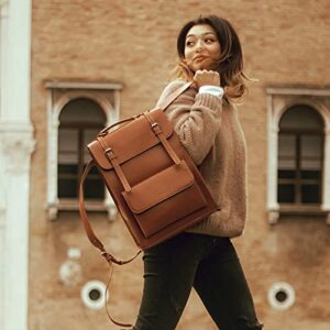 ECOSUSI Laptop Backpack for Women PU Leather Backpack Vintage for Laptop 15.6 inches School Bag College Bookbag, Brown