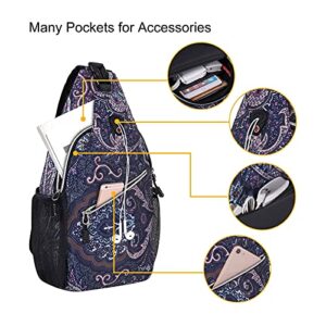 MOSISO Sling Backpack,Travel Hiking Daypack Pattern Rope Crossbody Shoulder Bag, Navy Blue Base Totem Texture