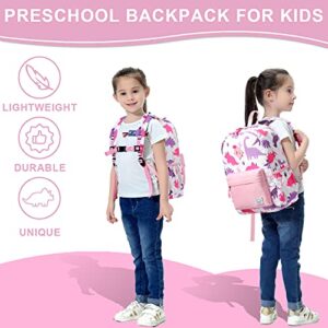 VASCHY Kids Backpack for Girls, Cute Dinosaur Lightweight Backpack for Toddlers Daycare Preschool Little Girls Pink