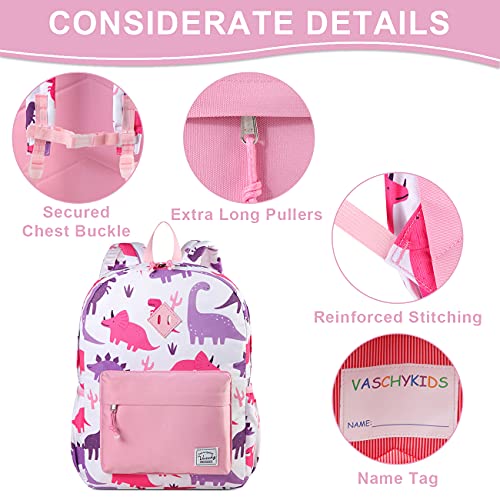 VASCHY Kids Backpack for Girls, Cute Dinosaur Lightweight Backpack for Toddlers Daycare Preschool Little Girls Pink