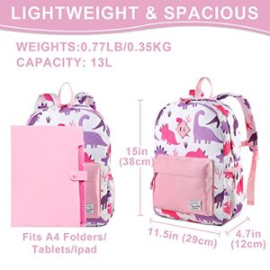 VASCHY Kids Backpack for Girls, Cute Dinosaur Lightweight Backpack for Toddlers Daycare Preschool Little Girls Pink